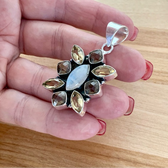 Moonstone Smoky Topaz Citrine Solid 925 Sterling Silver Pendant - Picture 3 of 5